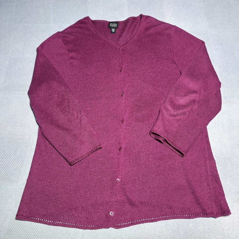 Eileen Fisher Fuchsia Linen Blend Italian Yarn Button Cardigan Womens Size Large